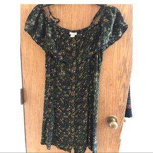 Off-shoulder Green Floral A line Dress